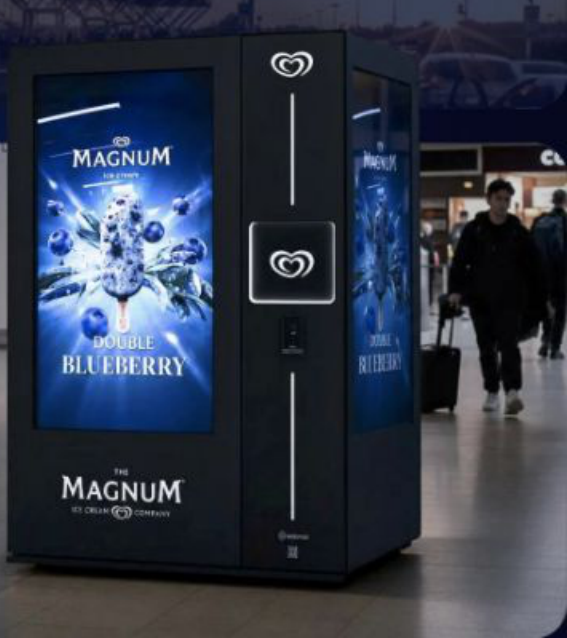 Brand creative running full-screen on a Bright.Blue machine
